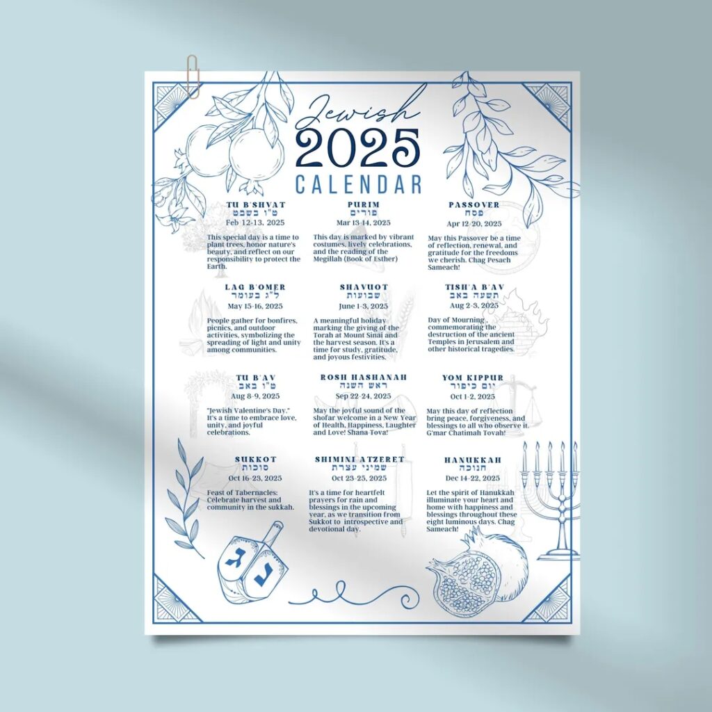 Jewish Calendar 2025 Poster Jewish Gift New Year 5785 Rosh Hashanah 5786 12 Month Wall Calendar Hebrew Holidays Monthly Biblical Calendar Etsy
