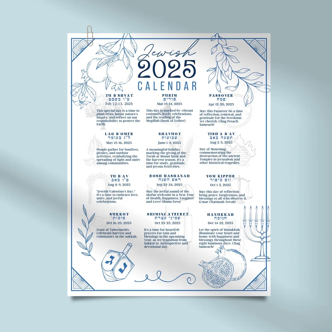 Jewish Calendar 2025 Poster Jewish Gift New Year 5785 Rosh Hashanah 5786 12 Month Wall Calendar Hebrew Holidays Monthly Biblical Calendar Etsy
