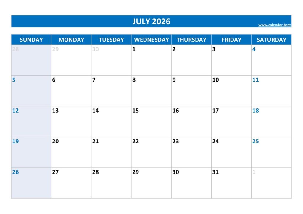 July 2026 Calendar Calendar best