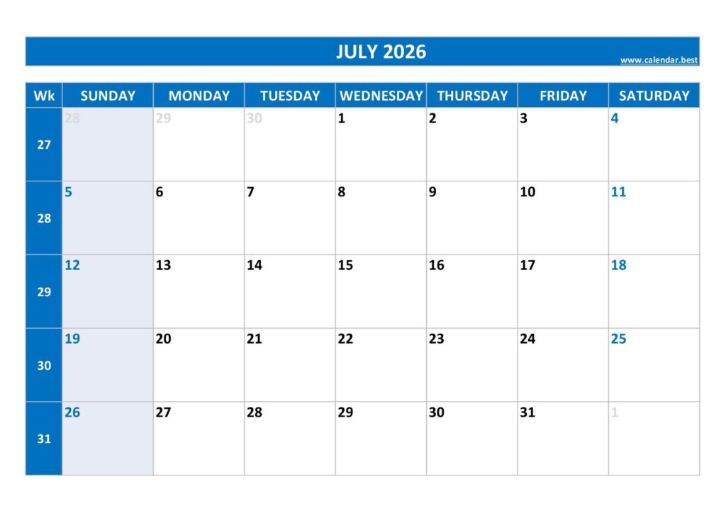 July 2026 Calendar Calendar best
