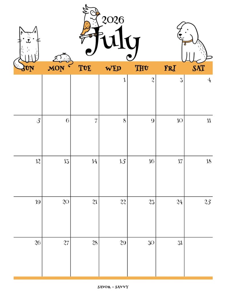 July 2026 Calendar Templates 14 Free Printables Savor Savvy