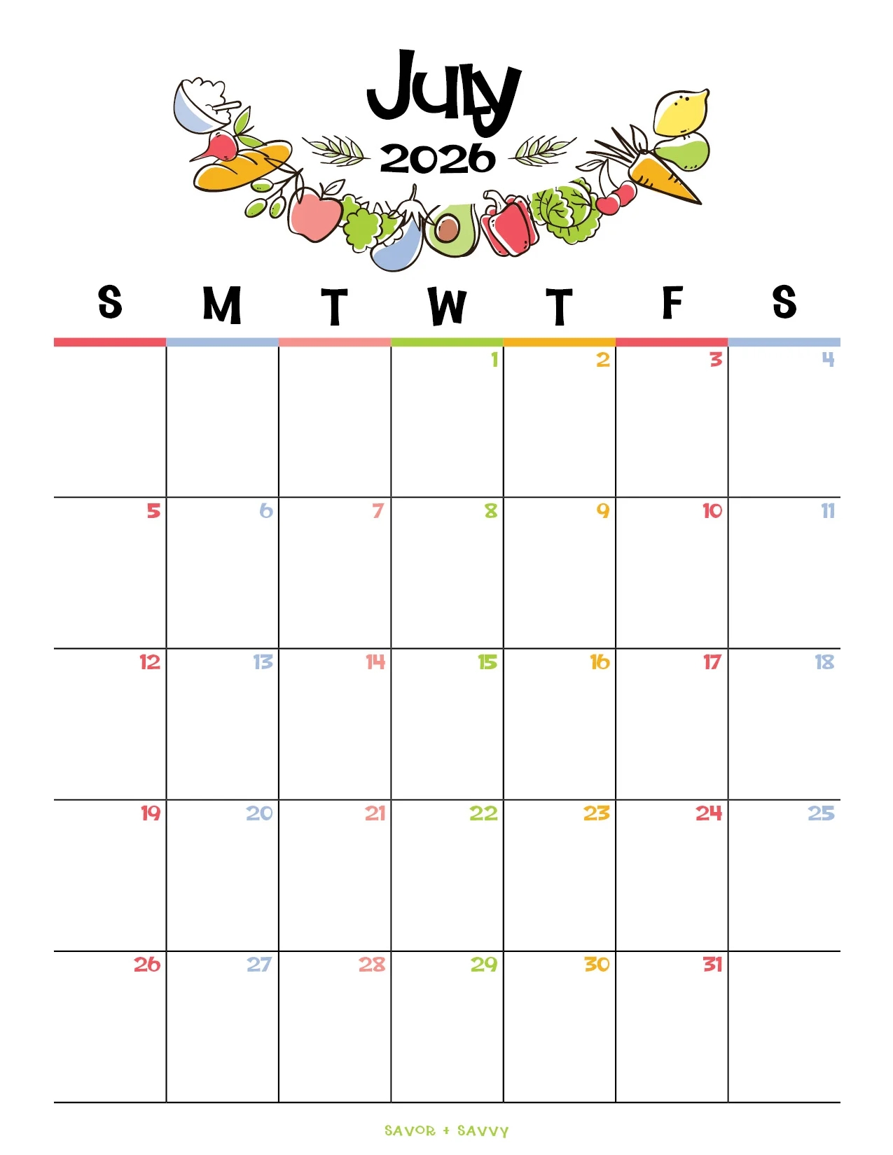 July 2026 Calendar Templates 14 Free Printables Savor Savvy