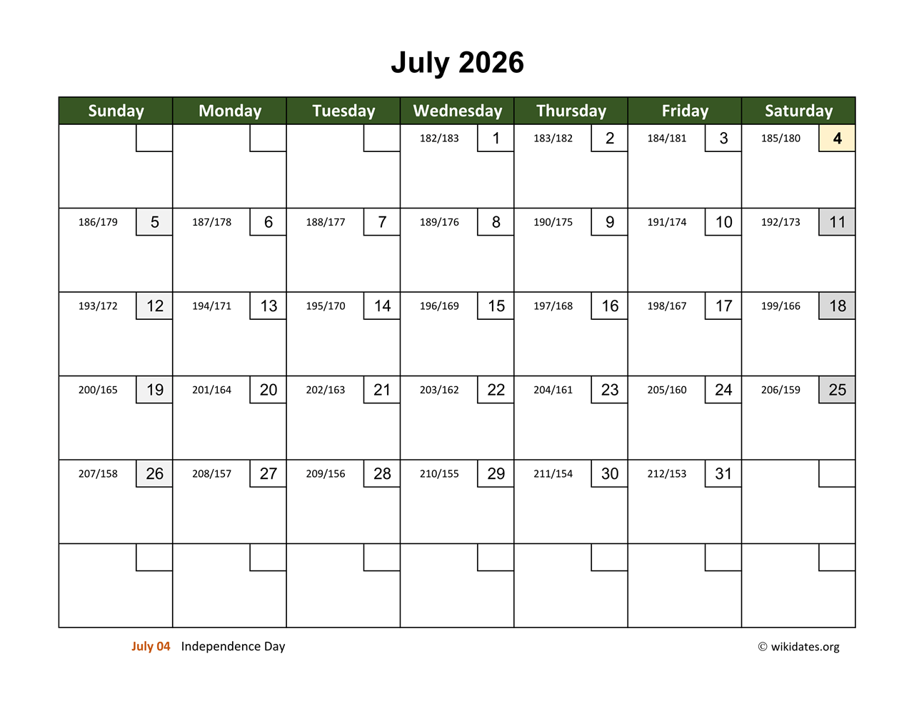July 2026 Calendar With Day Numbers WikiDates July 2026 Calendar With Day Numbers WikiDates
