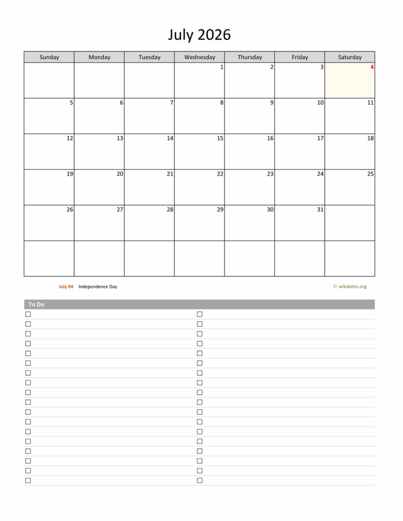 July 2026 Calendar With To Do List WikiDates