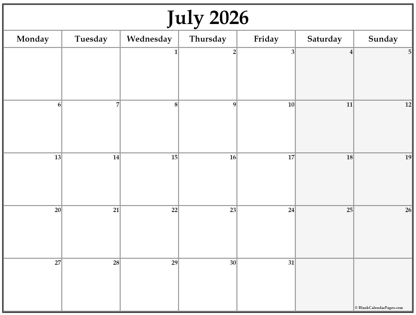 July 2026 Monday Calendar Monday To Sunday July 2026 Monday Calendar Monday To Sunday