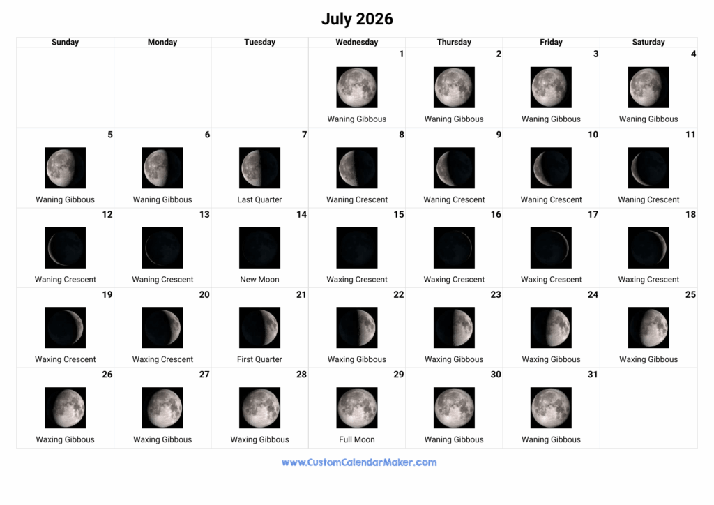 July 2026 Moon Phases Calendar Custom Calendar Maker