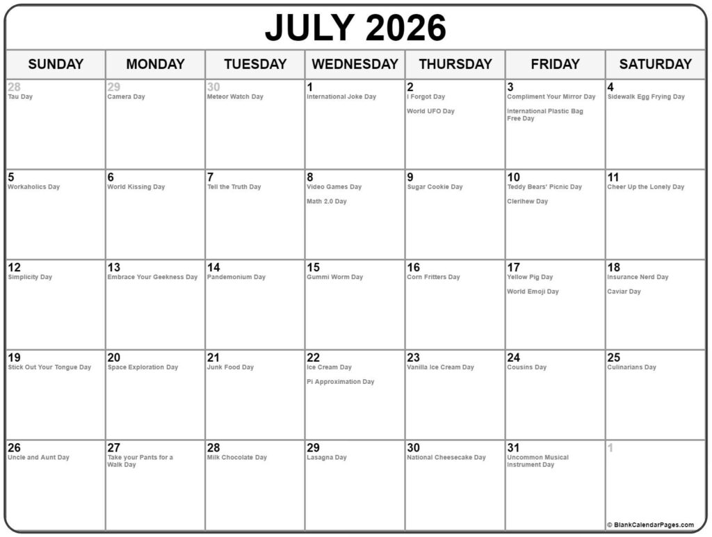 July 2026 With Holidays Calendar