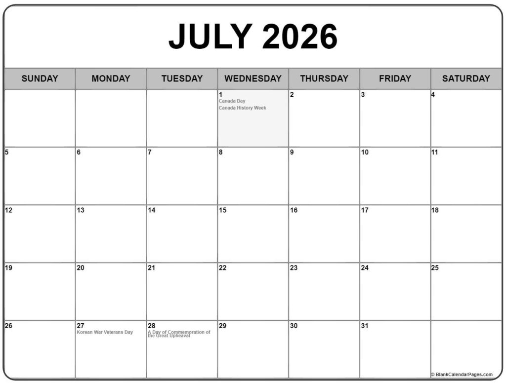 July 2026 With Holidays Calendar