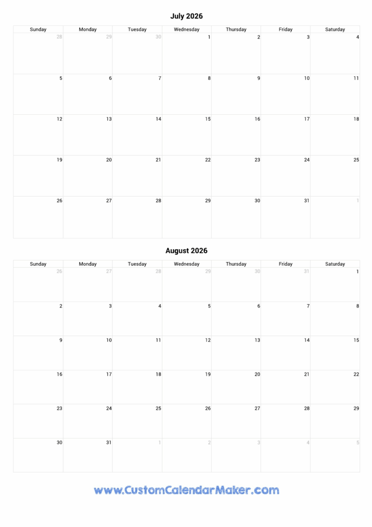 July And August 2026 Calendar Custom Calendar Maker