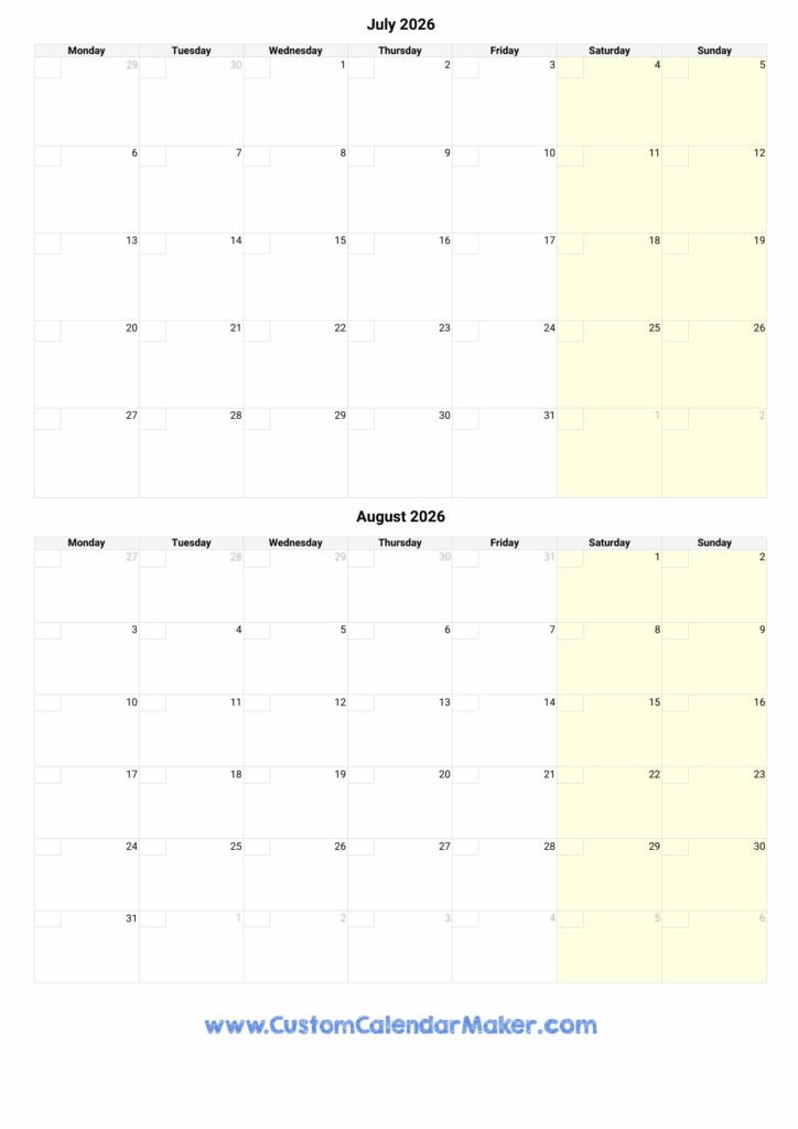 July And August 2026 Calendar Custom Calendar Maker