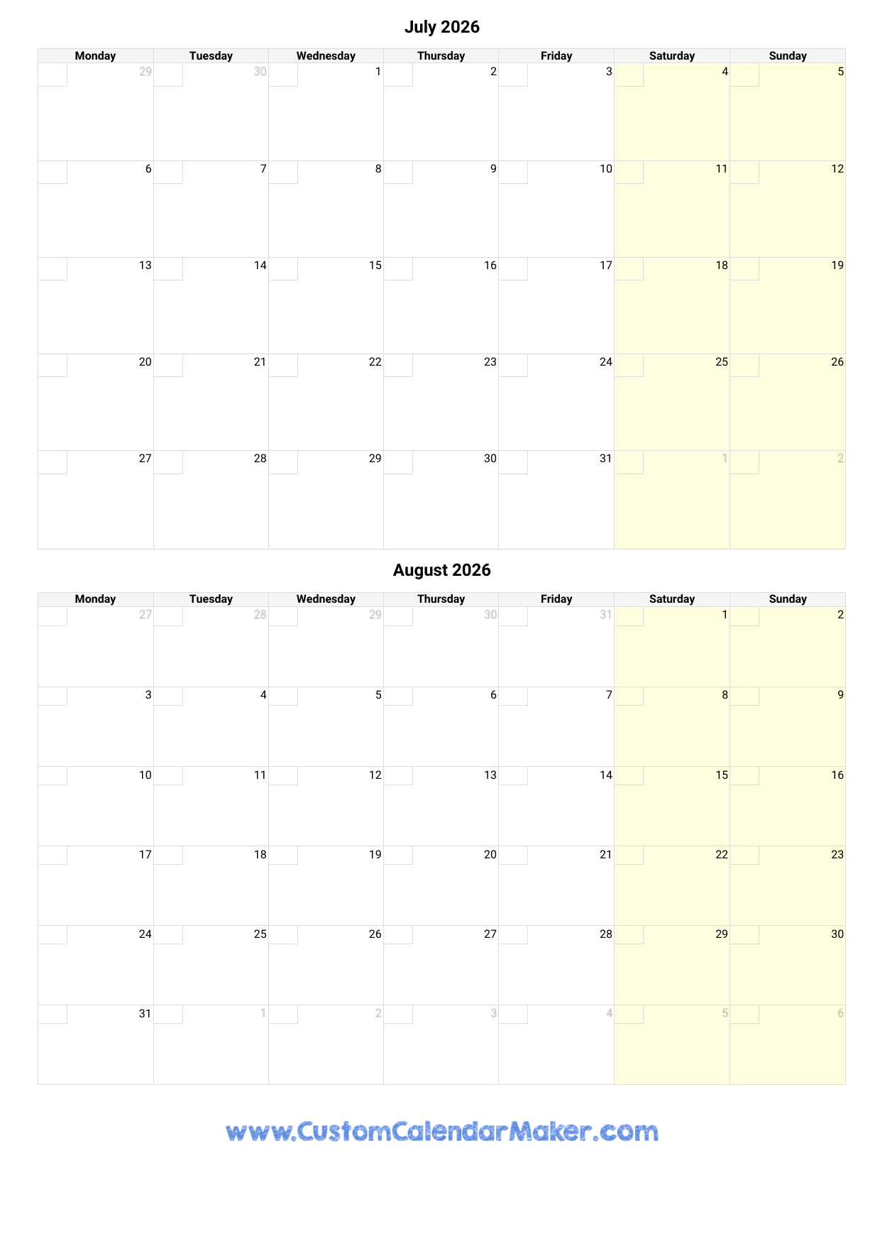 July And August 2026 Calendar Custom Calendar Maker July And August 2026 Calendar Custom Calendar Maker