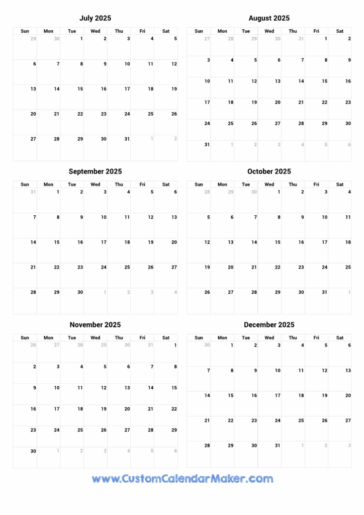 July To December 2025 Printable Calendar Custom Calendar Maker