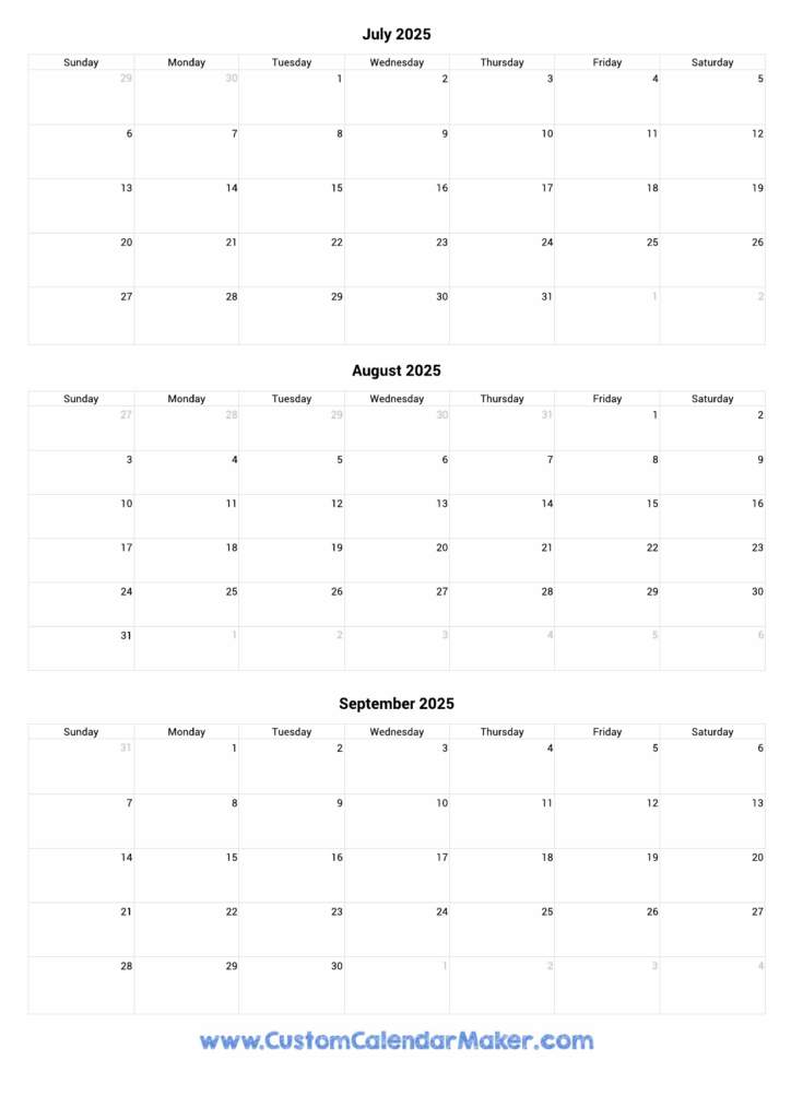 July To September 2025 Calendar Printable Custom Calendar Maker