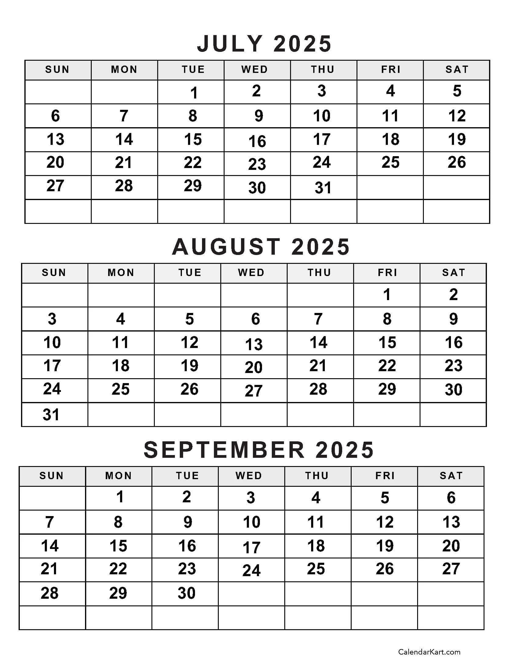 July To September 2025 Calendar Q3 CalendarKart