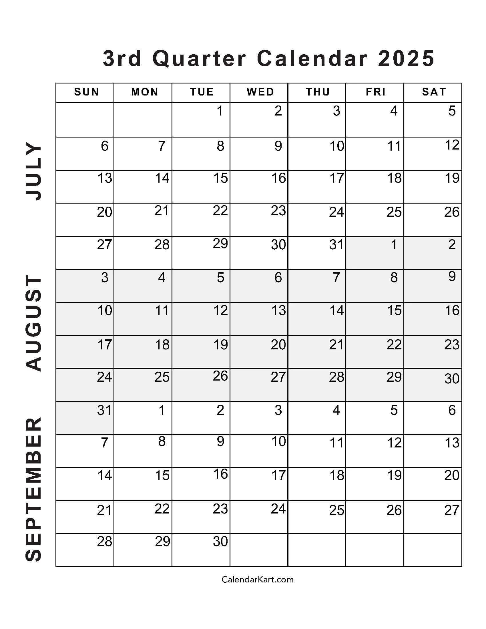 July To September 2025 Calendar Q3 CalendarKart