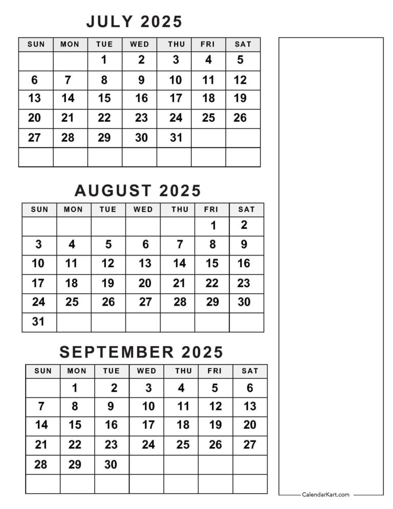 July To September 2025 Calendar Q3 CalendarKart
