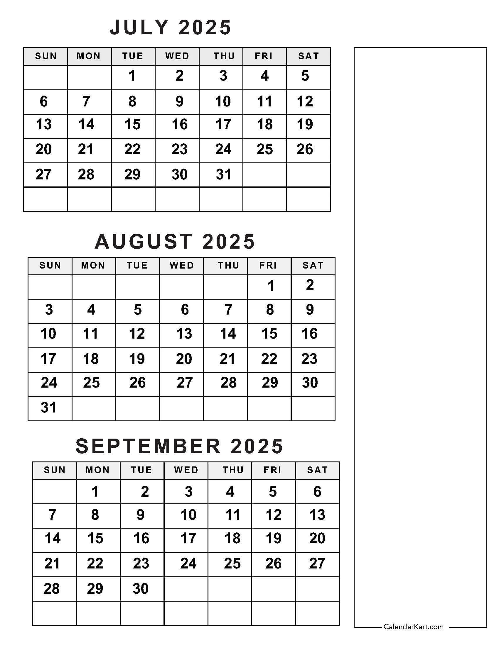 July To September 2025 Calendar Q3 CalendarKart