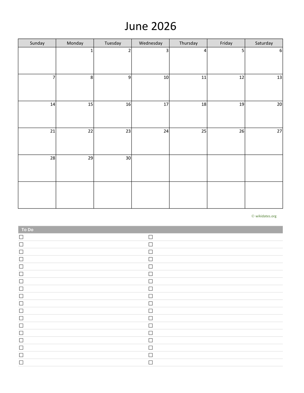 June 2026 Calendar With To Do List WikiDates