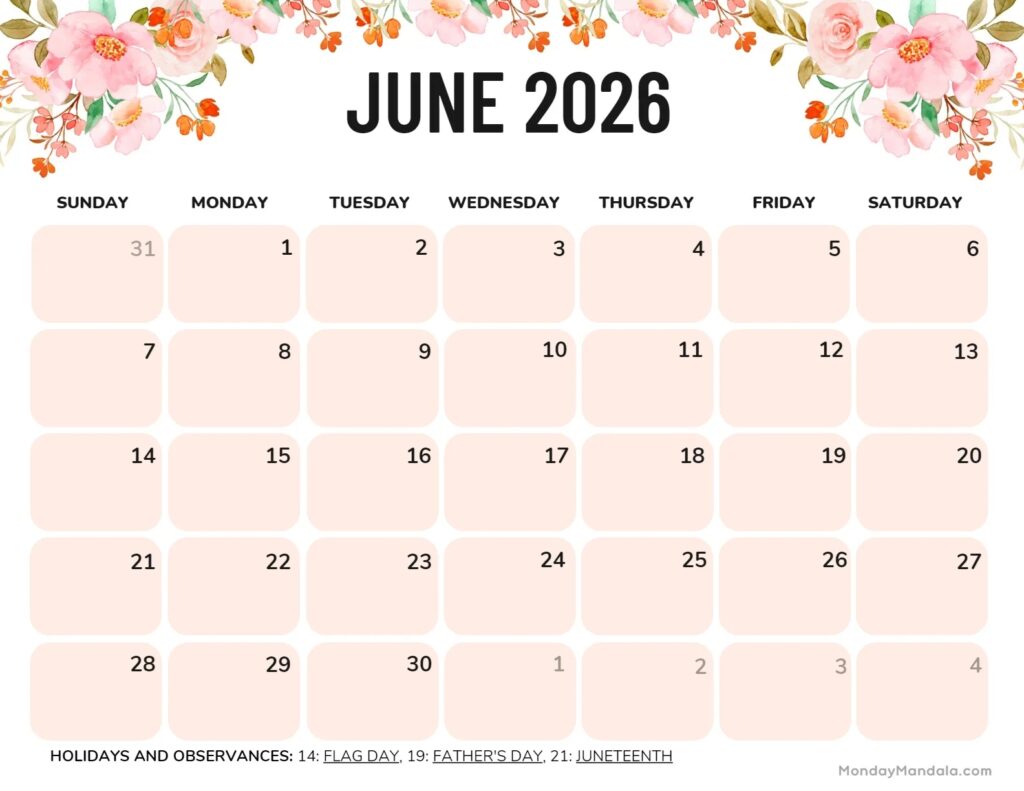 June 2026 Calendars 52 Free PDF Printables