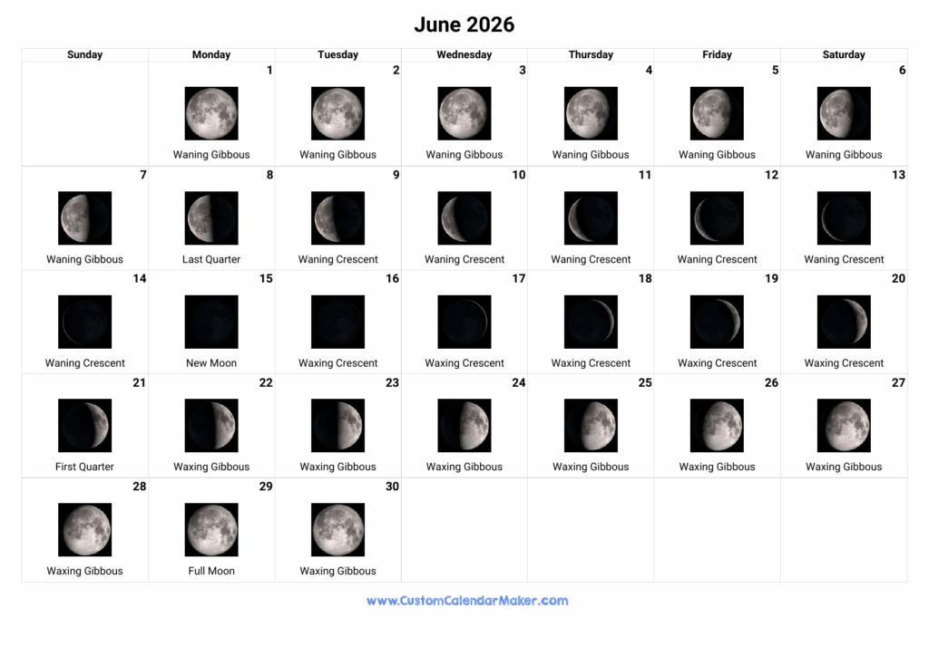 June 2026 Moon Phases Calendar Custom Calendar Maker