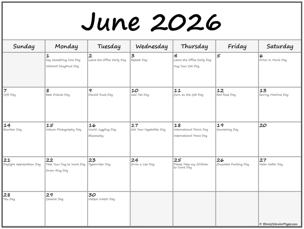 June 2026 With Holidays Calendar