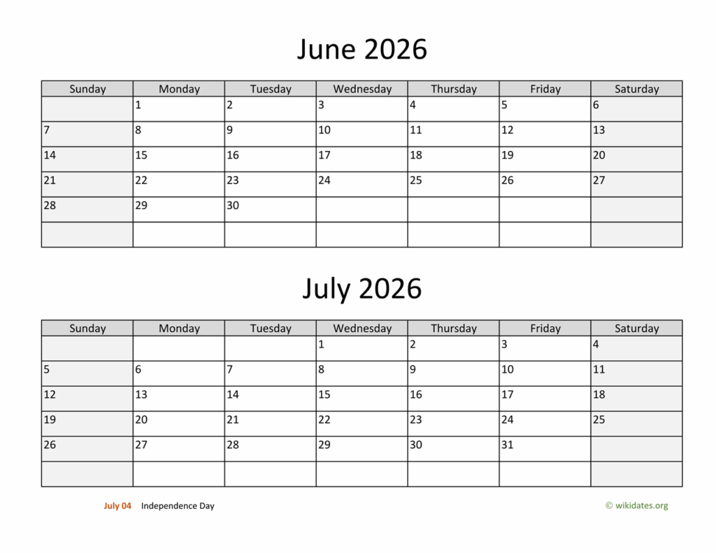 June And July 2026 Calendar WikiDates