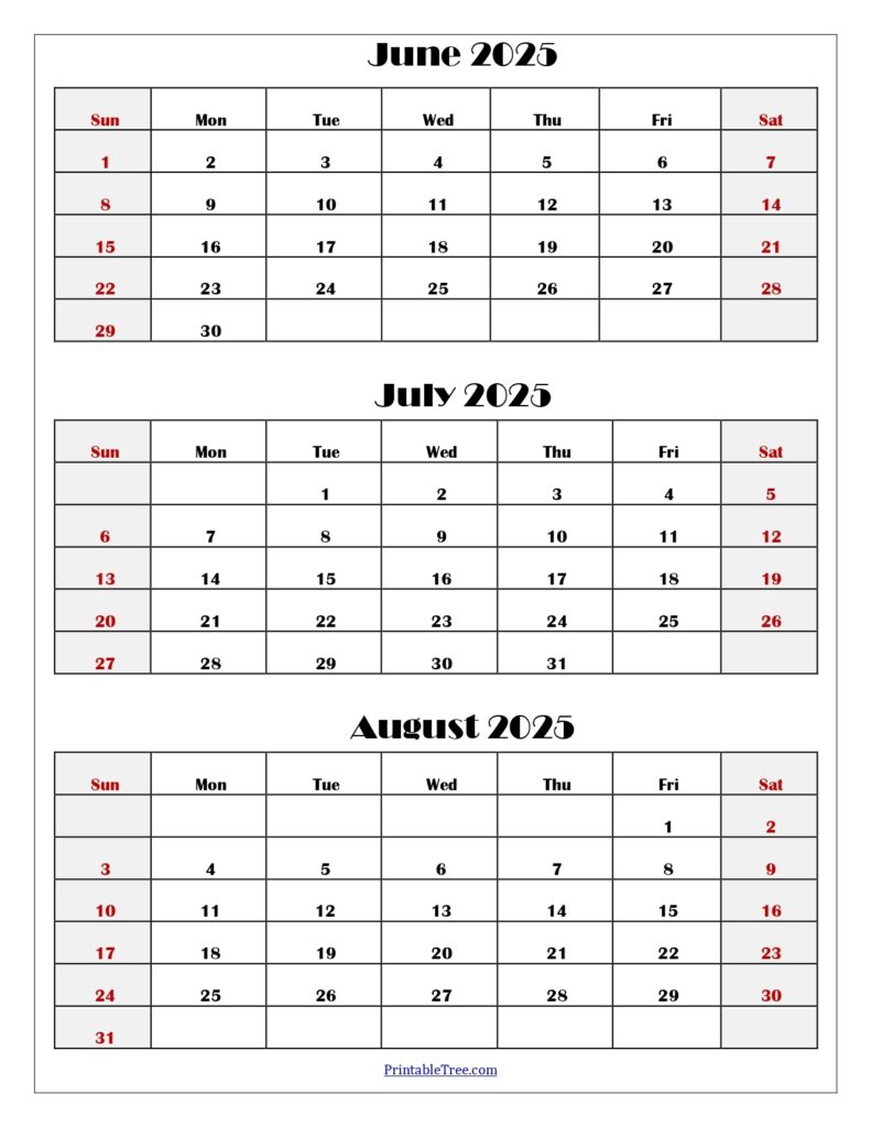 June To August 2025 Calendar Printable PDF Three Months Calendar