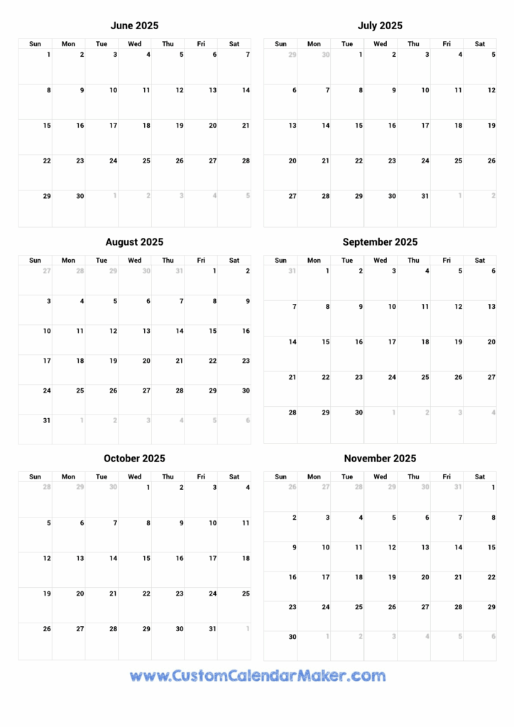 June To November 2025 Printable Calendar Custom Calendar Maker