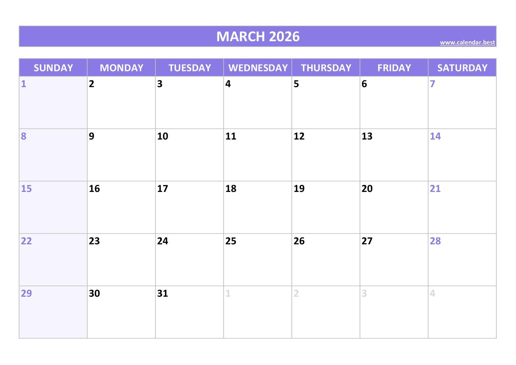 March 2026 Calendar Calendar best