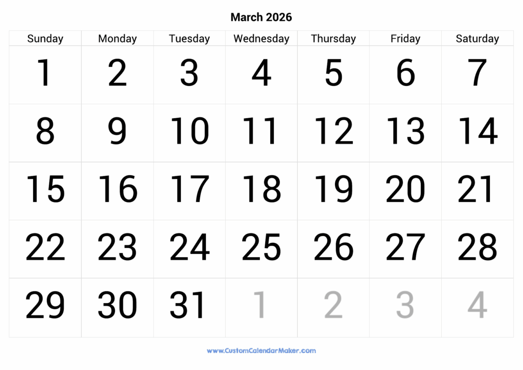 March 2026 Calendar Printable With Large Numbers Custom Calendar Maker