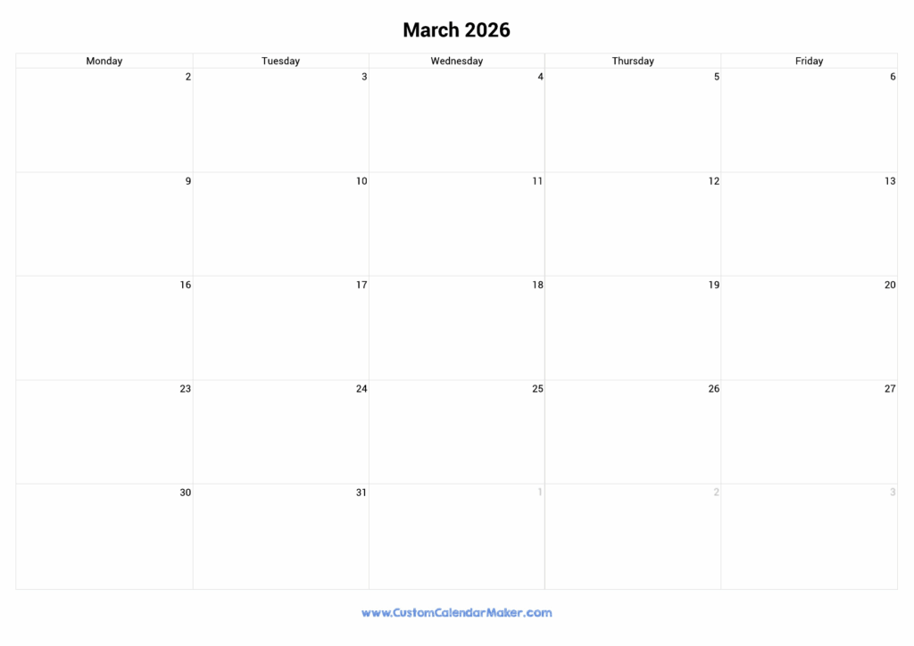 March 2026 Calendar Weekdays Only Monday To Friday Custom Calendar Maker