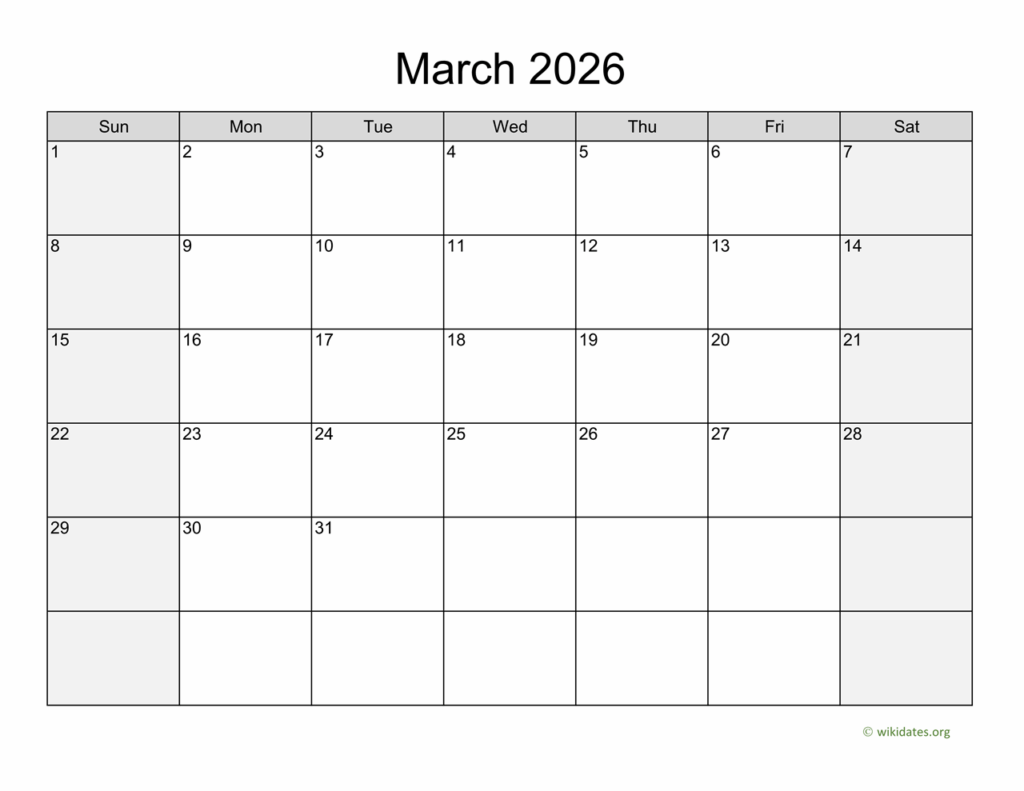 March 2026 Calendar With Weekend Shaded WikiDates
