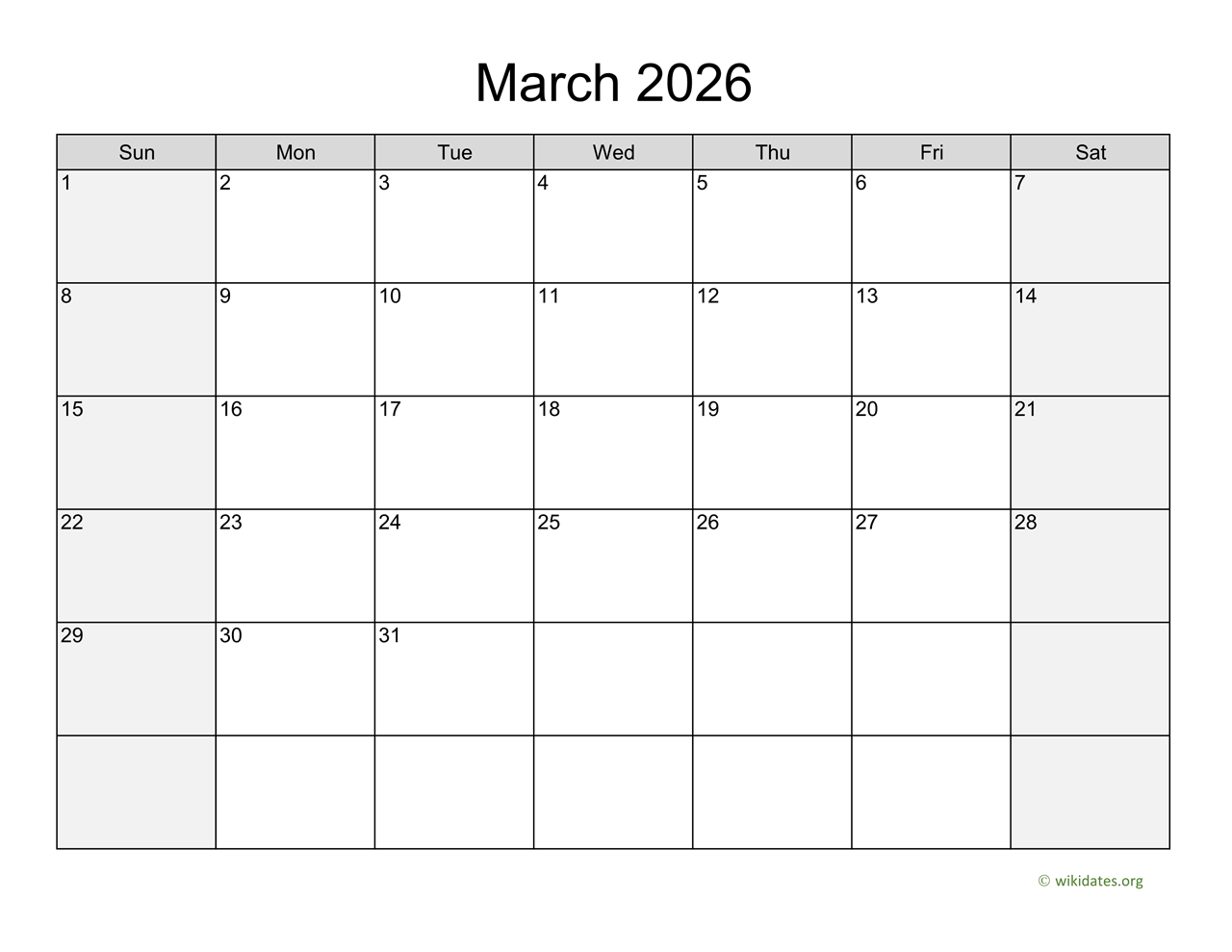 March 2026 Calendar With Weekend Shaded WikiDates