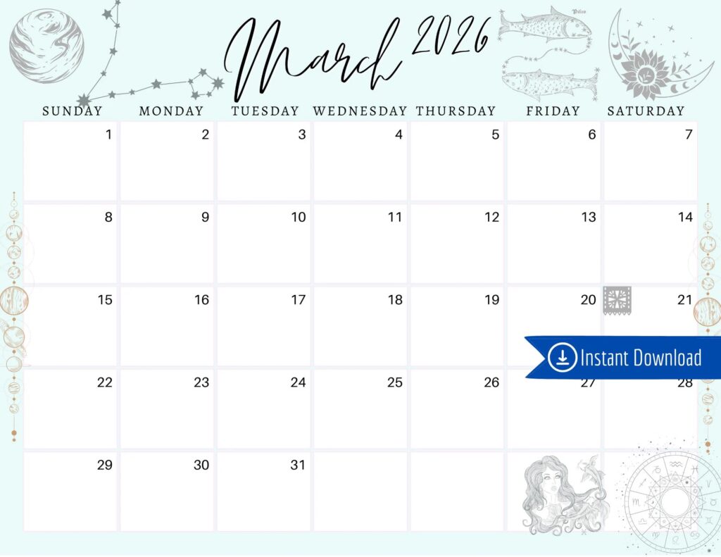 March 2026 Digital Calendar Pisces Astrology Planner Editable Fillable Printable Calendar For Planning PDF PNG And JPG Download Etsy