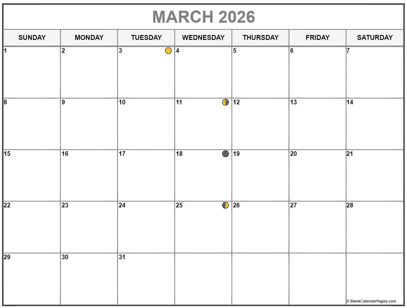 March 2026 Lunar Calendar Moon Phase Calendar