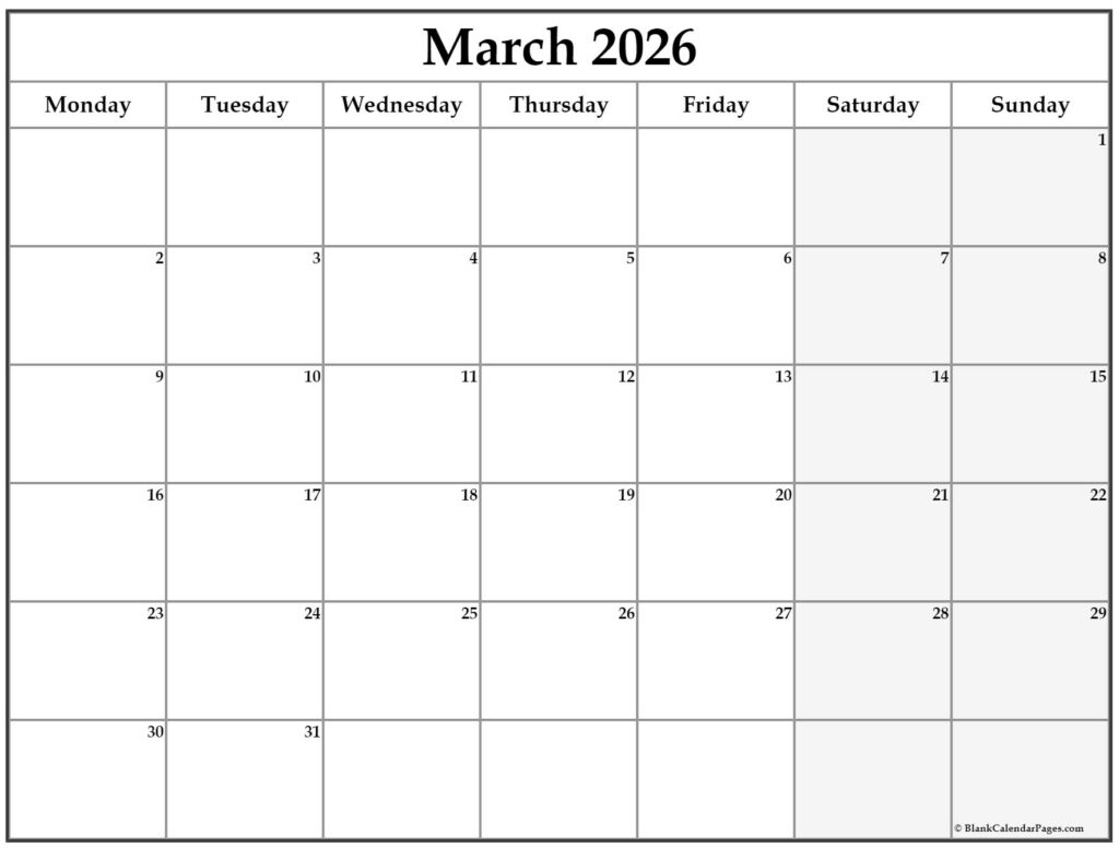 March 2026 Monday Calendar Monday To Sunday