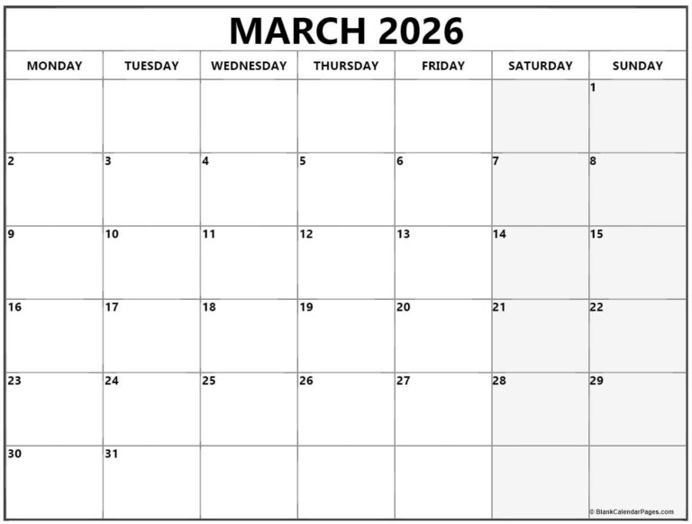 March 2026 Monday Calendar Monday To Sunday