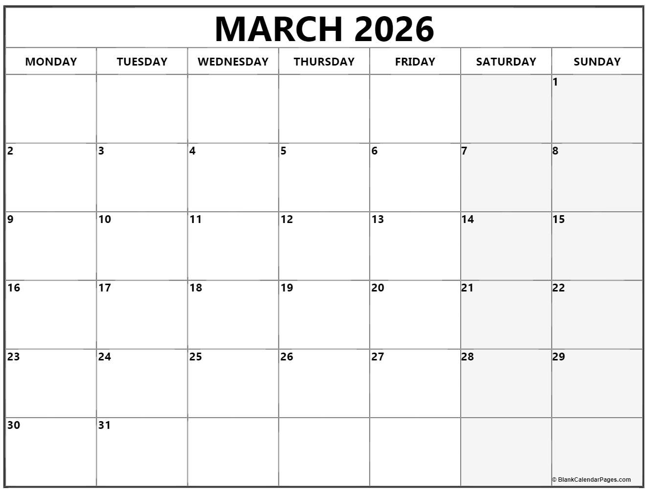 March 2026 Monday Calendar Monday To Sunday