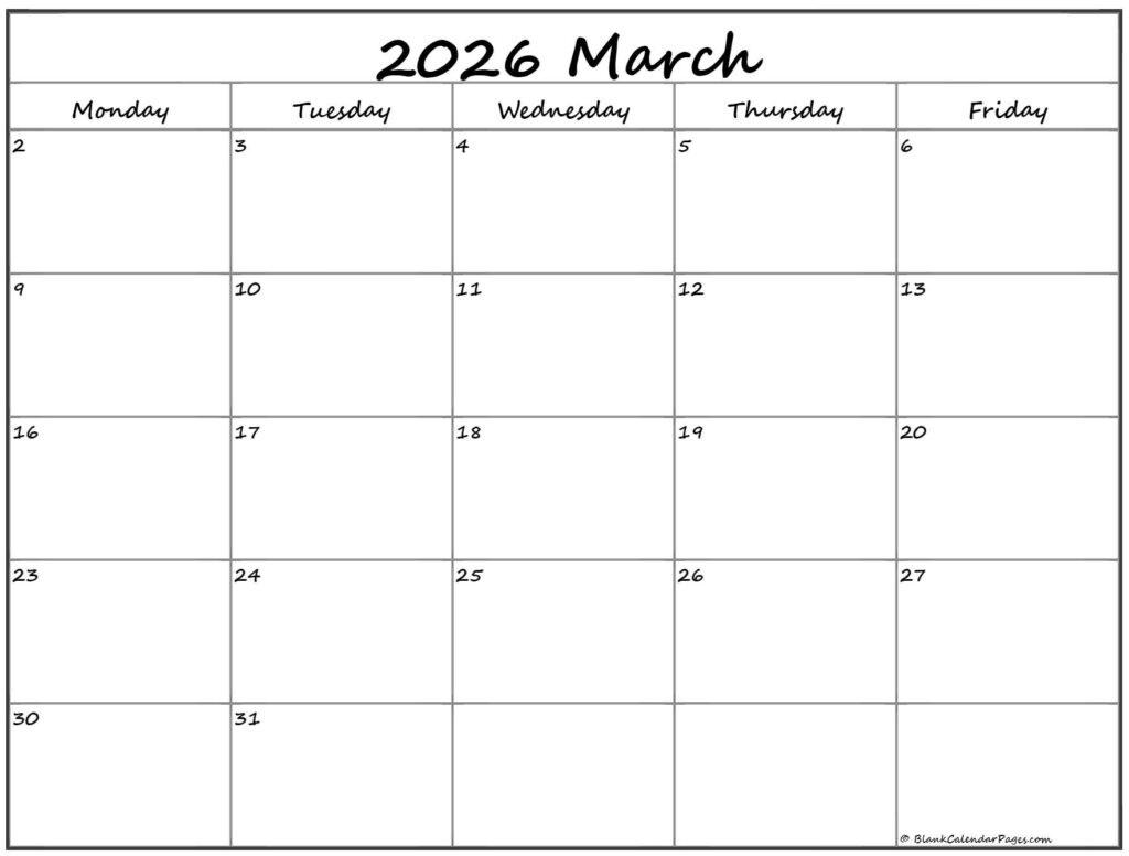 March 2026 Monday Calendar Monday To Sunday