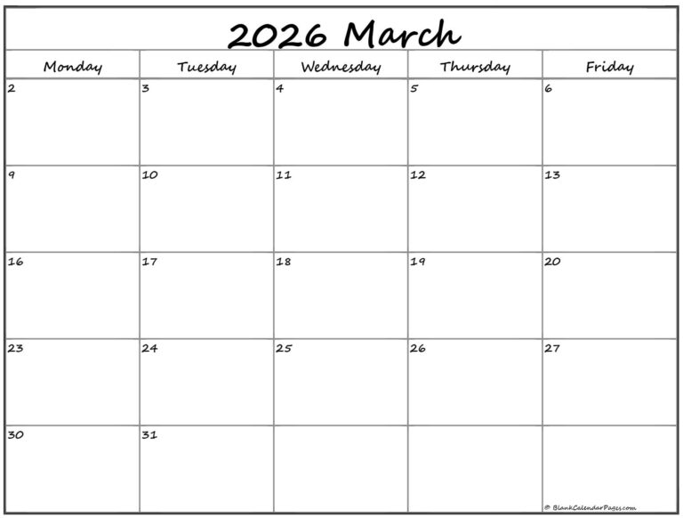 March 2026 Monday Calendar Monday To Sunday