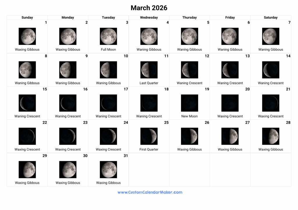 March 2026 Moon Phases Calendar Custom Calendar Maker