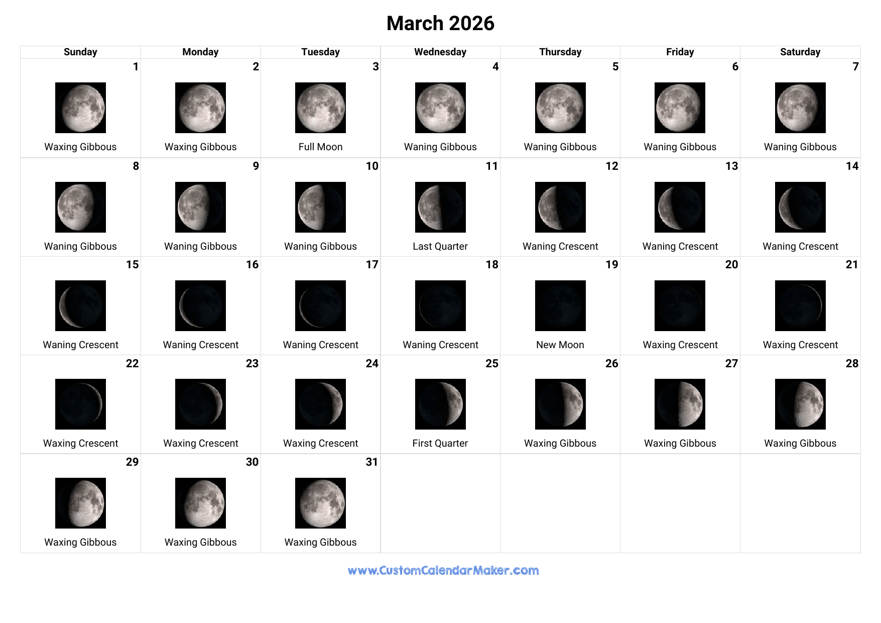 March 2026 Moon Phases Calendar Custom Calendar Maker