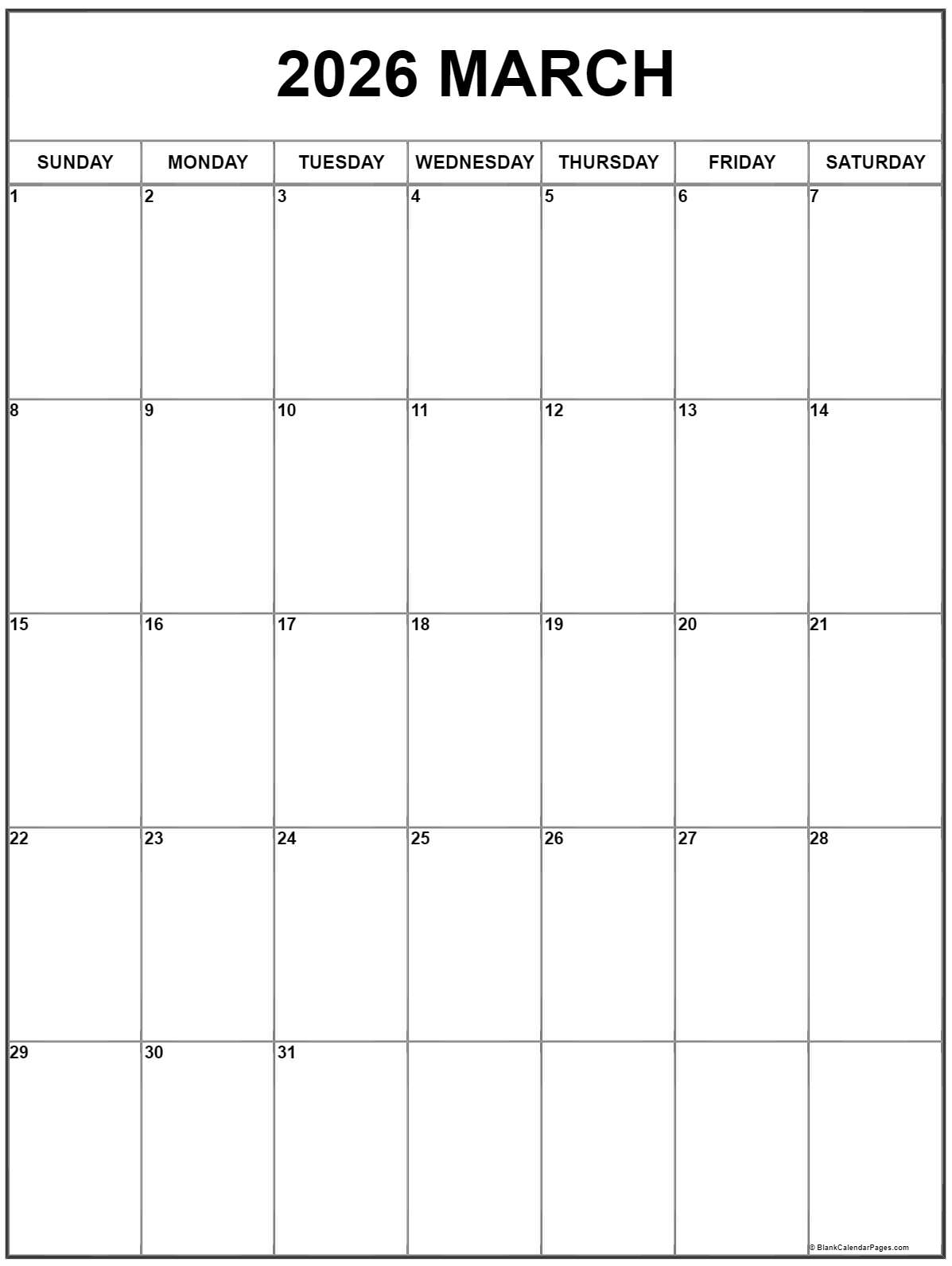 March 2026 Vertical Calendar Portrait