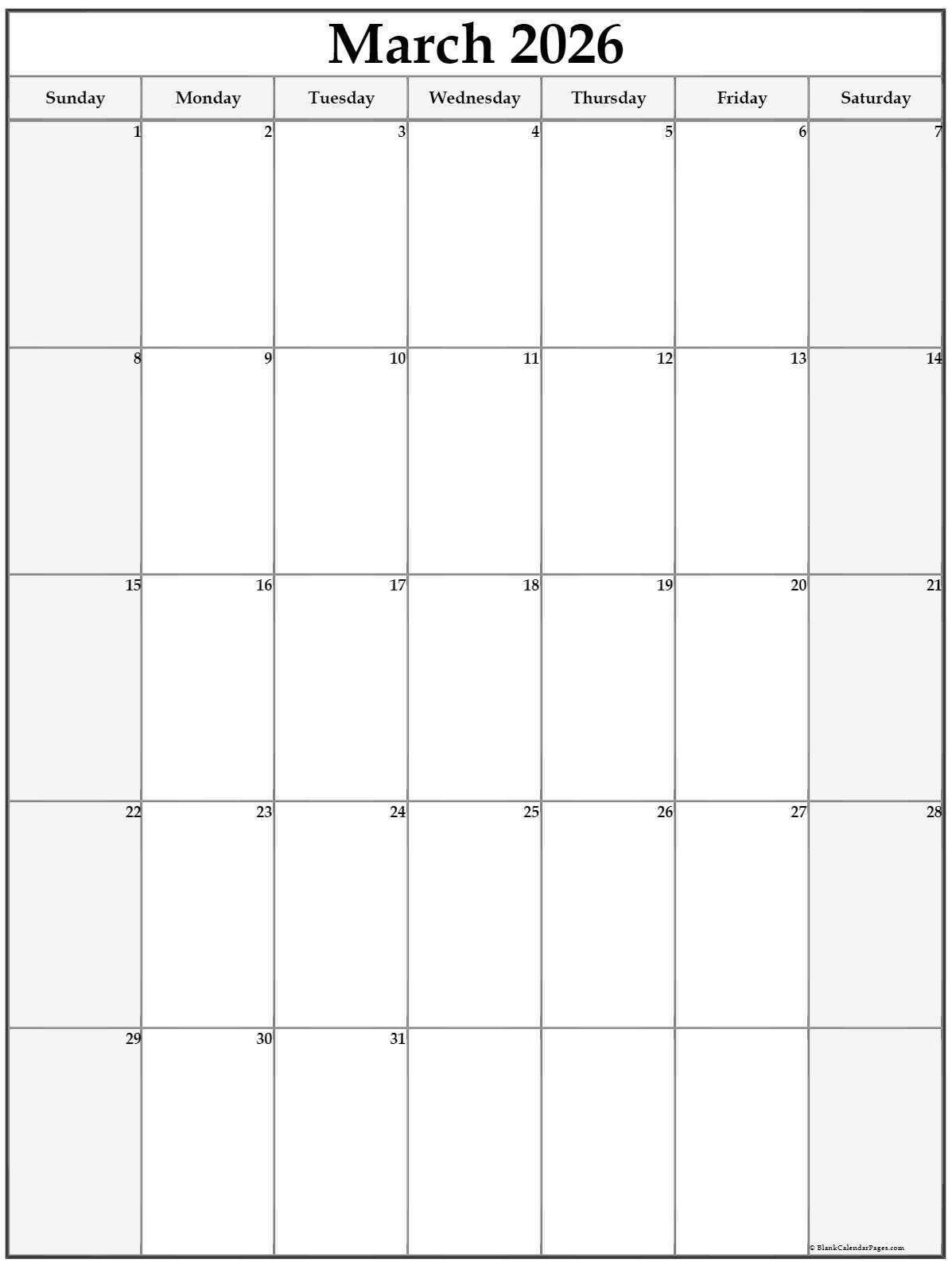 March 2026 Vertical Calendar Portrait