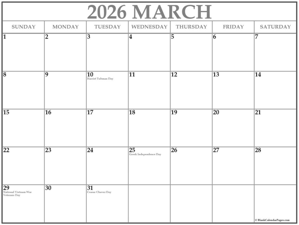 March 2026 With Holidays Calendar