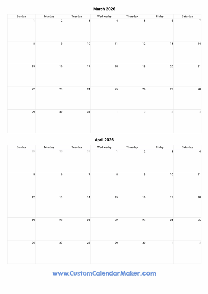 March And April 2026 Calendar Custom Calendar Maker