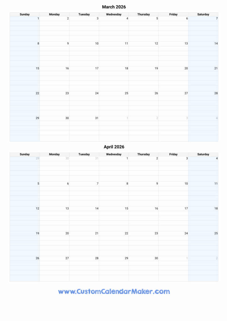 March And April 2026 Calendar Custom Calendar Maker