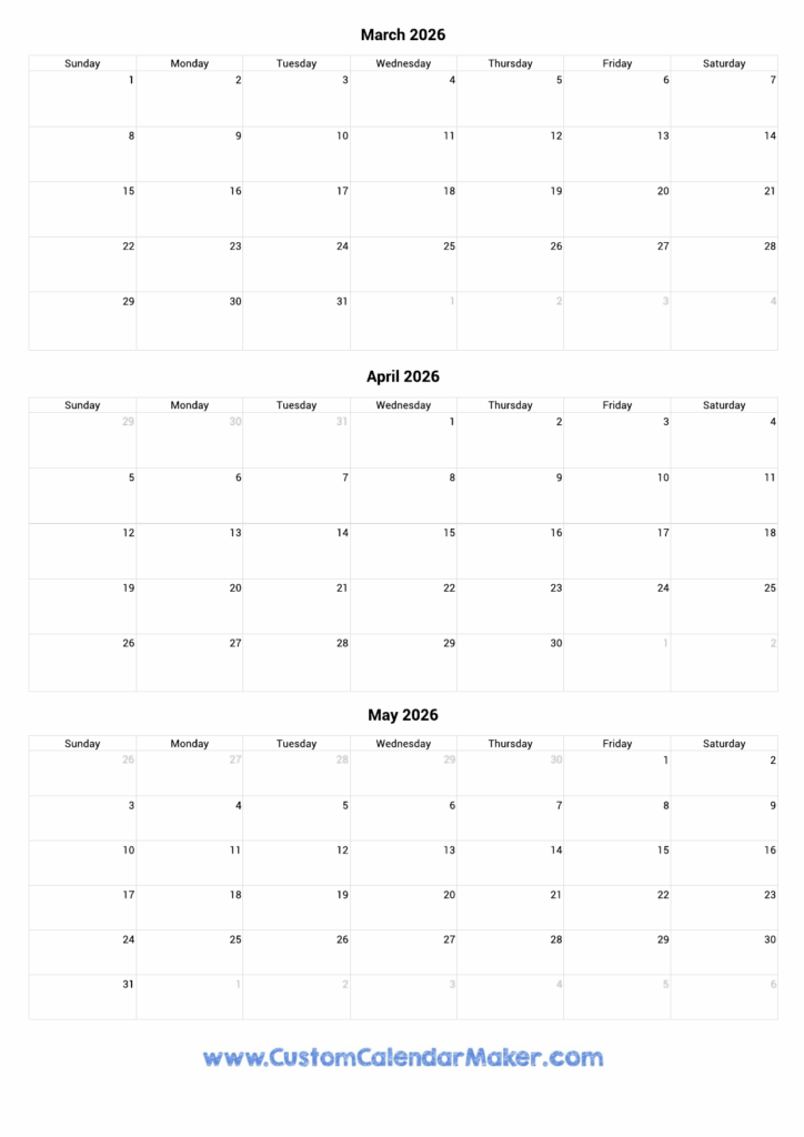 March To May 2026 Calendar Printable Custom Calendar Maker