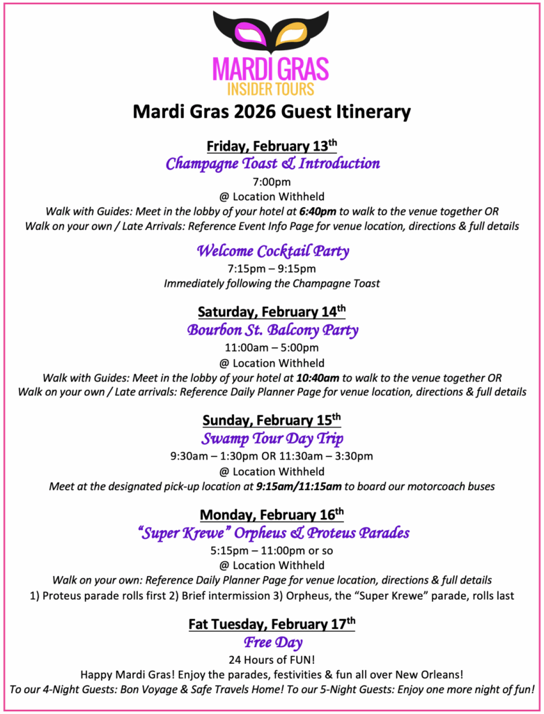 Mardi Gras 2026 Event Itinerary Mardi Gras Insider Tours