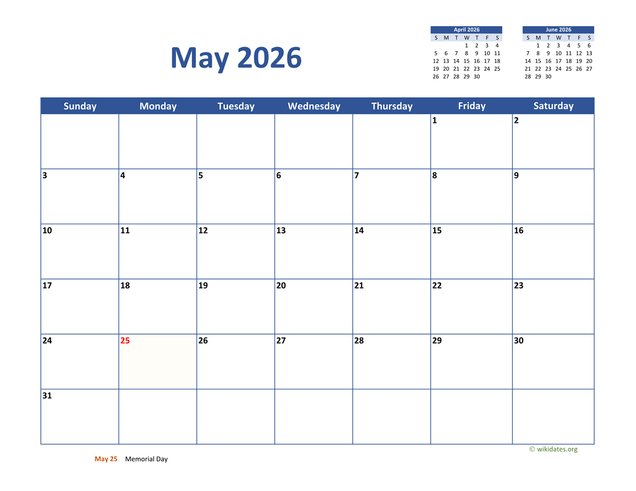 May 2026 Calendar Classic WikiDates